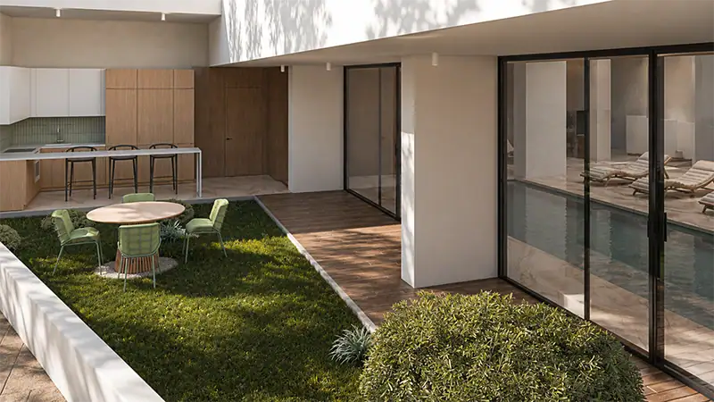 Rendu 3D façade villa haut de gamme, architecture contemporaine, piscine transparente et coucher de soleil en Algérie.