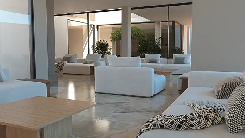 Rendu 3D intérieur d'un salon moderne avec canapé clair, baies vitrées et vue sur piscine dans une villa de luxe en Algérie.