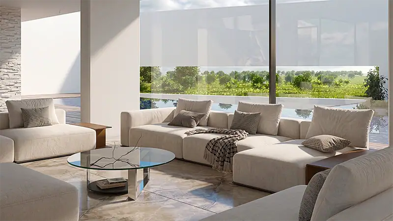 3D interior render of a modern living room with bright sofa, large windows and pool view in a luxury villa in Algeria.