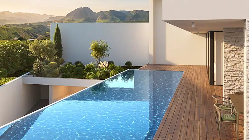 Rendu 3D d'une piscine à débordement et terrasse en bois de villa moderne avec vue sur les montagnes, Sud de la France.