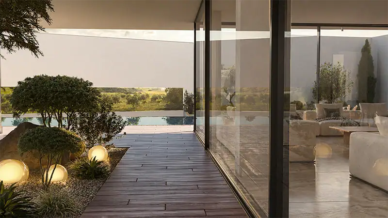 3D render of a modern minimalist white villa surrounded by a vast green garden with mountain views, Algeria.