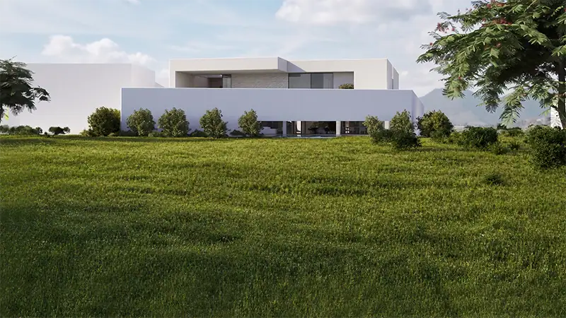 Rendu 3D d'une villa blanche moderne et minimaliste entourée d'un vaste jardin verdoyant avec vue sur les montagnes, Algérie.