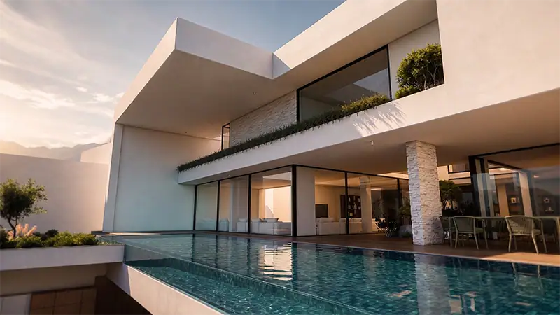 Villa contemporaine minimaliste avec piscine à débordement et terrasse végétalisée, rendu 3D architectural — Design Diaries, Sud de la France