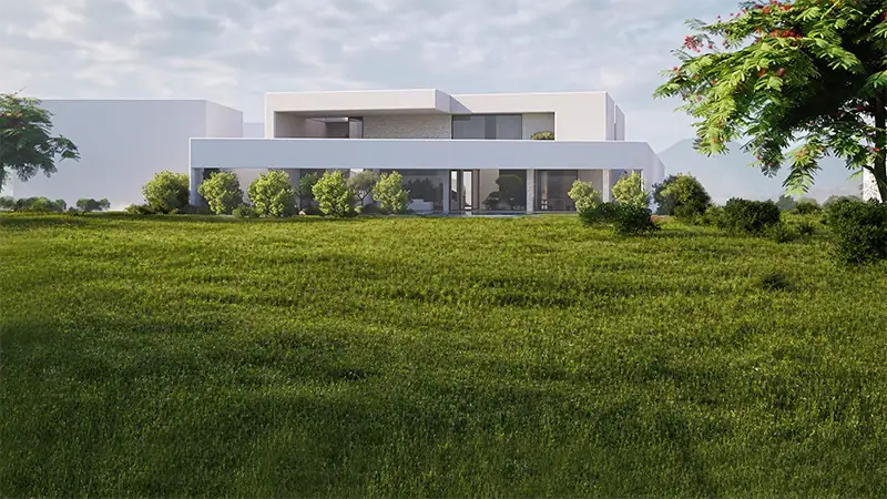 Vue extérieure d'une villa contemporaine minimaliste intégrée dans un vaste jardin verdoyant — rendu 3D architectural Design Diaries, Sud de la France