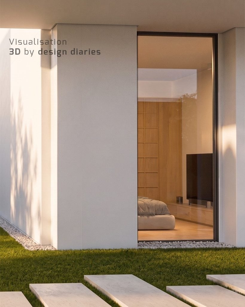 Rendu 3D extérieur d'une villa contemporaine minimaliste en France par Design Diaries, montrant des murs blancs, un jardin épuré avec pas japonais et une grande baie vitrée ouvrant sur la chambre.
