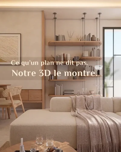 Rendu 3D photoréaliste d'un salon contemporain chaleureux aux tons beige et bois avec étagères suspendues et l'accroche "Ce qu'un plan ne dit pas, Notre 3D le montre", réalisé par Design Diaries.