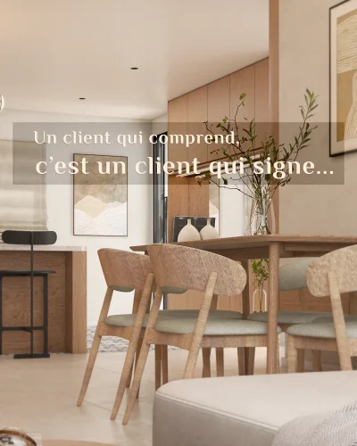 Rendu 3D photoréaliste d'une salle à manger contemporaine en bois clair avec l'accroche "Un client qui comprend, c'est un client qui signe...", réalisé par Design Diaries.
